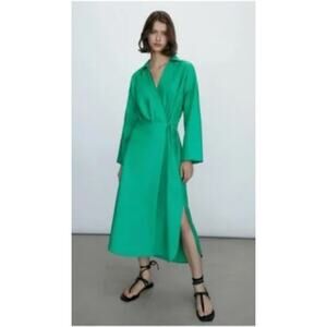 Massimo Dutti Green Linen V-Neck Wrap Dress Size S Made in Portugal